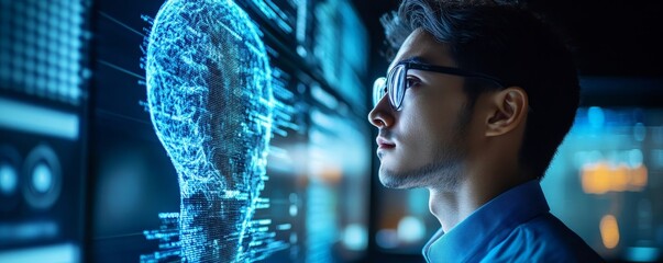AI Artificial Intelligence. Business man using AI technology for data analysis, coding computer language with digital brain, machine learning on virtual screen, business, Generative AI