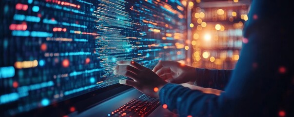Wall Mural - data processing, digital technology, internet network concept. computer programmer working on big da