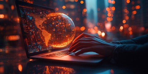 Wall Mural - global business, digital technology, social media marketing concept. businessman working on laptop c