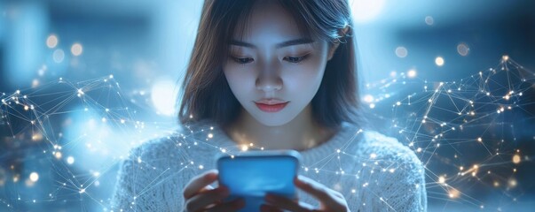 Wall Mural - woman using mobile smart phone with global internet network connection, innovative technology, mobil