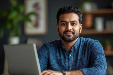 Portrait of indian man doctor talking to online patient on laptop screen, Generative AI