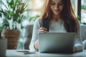business woman sitting at office table using mobile phone while online working on laptop computer at