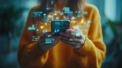 Wall Mural - social media marketing, global business, iot internet of things concept. woman using mobile phone fo