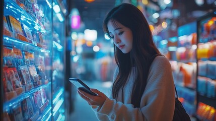 Wall Mural - social media marketing, global business, iot internet of things concept. woman using mobile phone fo