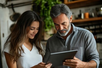 Mature 40s years old man, young adult woman discussing on digital pc tablet computer. Successful middle aged latin hispanic businessman, businesswoman, Generative AI