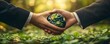 © Visual Odyssey - CSR, Corporate social Responsibility concept. Businessman hands shaking with global ecology, responsive business organization, environmental, sustainable and ethical, Generative AI