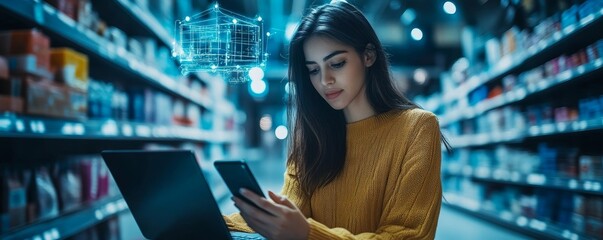 Wall Mural - iot internet of things, e-commerce concept. woman using mobile phone and laptop computer connecting 