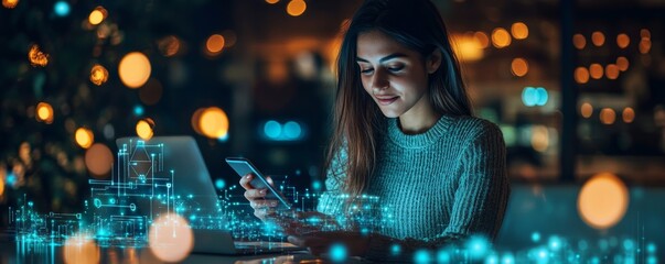 Wall Mural - iot internet of things, e-commerce concept. woman using mobile phone and laptop computer connecting 