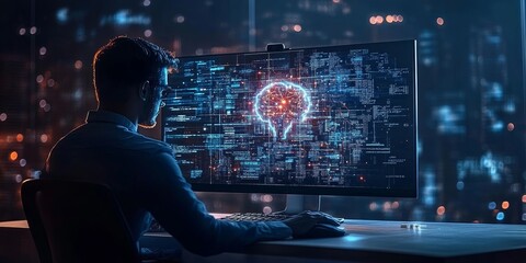Computer programmer coding on modern computer with AI Artificial Intelligence. Data science, software development, cloud computing, digital technology, big data management, Generative AI