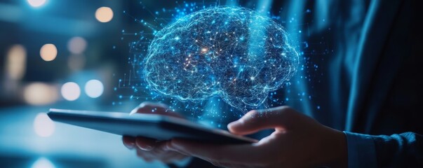 Wall Mural - ai artificial intelligence, data science and management. businessman using digital tablet with inter