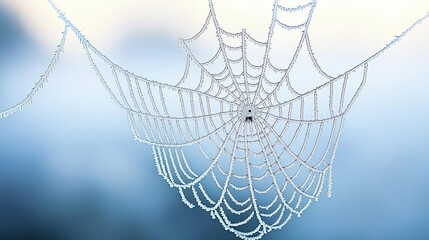 Delicate spider web adorned with dew drops, showcasing intricate patterns against a soft, blurred background.