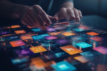 man using smartphone with colourful mobile apps on virtual screen, digital software technology devel