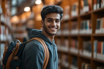 Young smiling Indian male student standing in university library with backpack, Generative AI