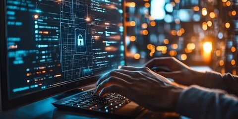 Cyber security system, data protection, digital technology. Computer programmer using modern computer with digital padlock and cyber security network, Generative AI