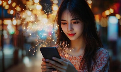 Wall Mural - internet of things (iot) technology, woman using mobile smartphone with e-commerce technology icon o