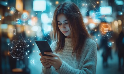 Wall Mural - internet of things (iot) technology, woman using mobile smartphone with e-commerce technology icon o