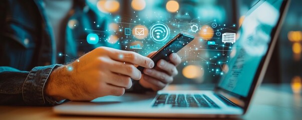 Wall Mural - internet of things iot, e-commerce concept. woman using mobile phone with internet network connectio