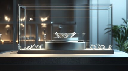 A modern glass display case showcasing a silver sculpture on a rotating platform.  The display is illuminated with spotlights.