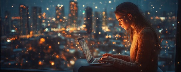 Wall Mural - Internet network technology, global communication, digital transformation concept. Woman using laptop computer, internet network connection with the city, technology, social media, Generative AI