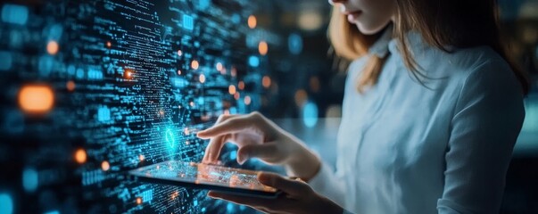 Wall Mural - data science, digital technology concept. computer science engineer programming on laptop at smart o