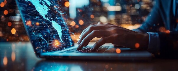 Wall Mural - business intelligence, businessman using laptop computer with global network connection, data exchan
