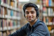 © Just Bella - Young Indian male student wearing headset talking to camera sitting in library, Generative AI