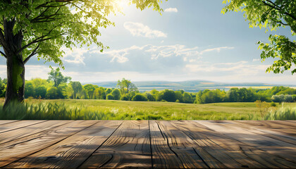 Sticker - Wooden table top in a lush green meadow, with a rolling green hills and blue sky with clouds in the background.