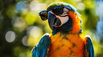 Wall Mural - A vibrantly colored parrot with a golden head donning sunglasses