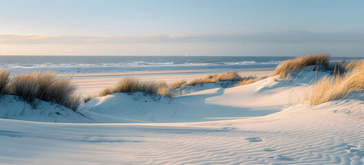 Wall Mural - View of the sea from a sand dune, with blue sky and white clouds.