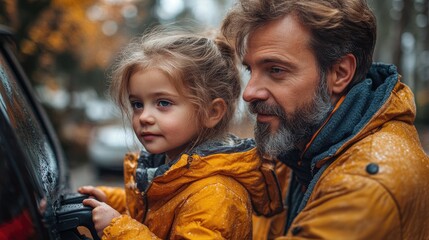 father and mother waiting in a car trunk while their little daughter charging electric car