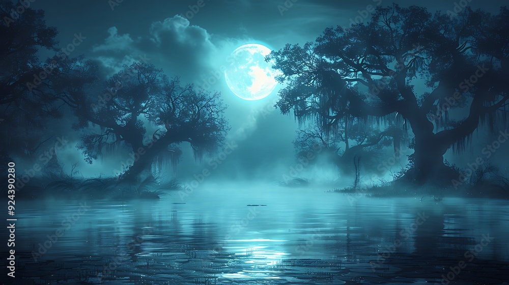 A dark, eerie swamp with twisted trees and murky waters, glowing eyes ...