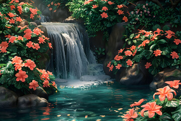 A serene waterfall cascading into a tranquil pool surrounded by lush greenery and vibrant flowers.