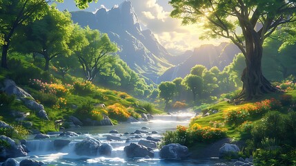 Wall Mural - A hidden valley with a crystal-clear river winding through, ancient trees with sprawling branches, and magical creatures like unicorns and fairies roaming the landscape,