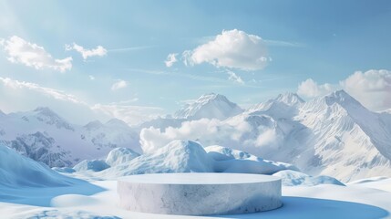 Wall Mural - A large, empty, white pedestal sits on a snowy mountain