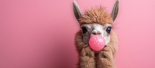Wall Mural - Cute Alpaca Playing with Pink Ball