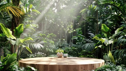 A wooden table with two white vases on it in a jungle setting