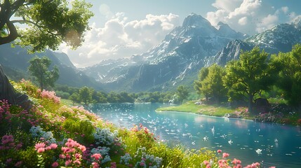 Wall Mural - A magical valley featuring a crystal-clear river, ancient trees with gnarled roots, and fantastical creatures like unicorns and fairies, lush greenery and vibrant flowers, under a sunny sky,