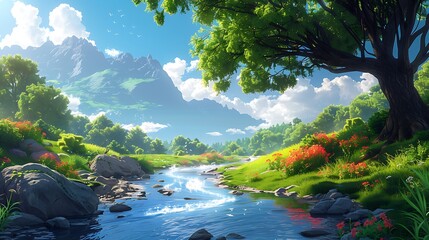 Wall Mural - A magical valley featuring a crystal-clear river, ancient trees with gnarled roots, and fantastical creatures like unicorns and fairies, lush greenery and vibrant flowers, under a sunny sky,