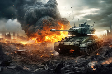 generated illustration of Armored tank shooting of a battle field in a war.