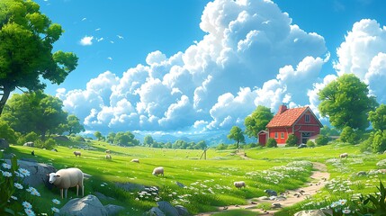 Wall Mural - A serene countryside scene with rolling fields of green, grazing sheep, and a charming red farmhouse, with a winding dirt path leading through the fields,