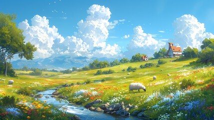 A serene countryside with gentle rolling fields, grazing sheep, and a charming farmhouse, with a small river and blooming wildflowers, under a bright sky with fluffy clouds,