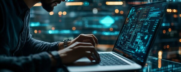 Wall Mural - data scientist, programmer using laptop analyzing financial data on futuristic virtual interface. al