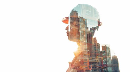 Poster - A man wearing a hard hat stands in front of a city skyline