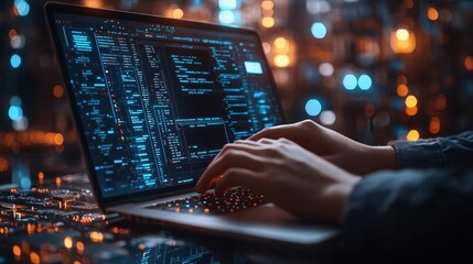Digital technology, software development concept. Coding programmer, software engineer working on laptop with circuit board and javascript on virtual screen, internet of things, Generative AI