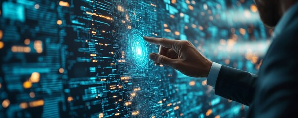 Wall Mural - ai artificial intelligence, data science, information technology concept. businessman touching on ai