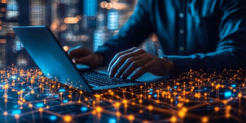 Wall Mural - big data, digital technology, internet network connection, futristic technology background. man usin