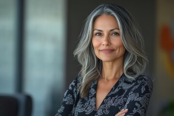 Wall Mural - Beautiful hispanic senior business woman with crossed arms smiling at camera. European or latin confident mature good looking middle age leader female, Generative AI