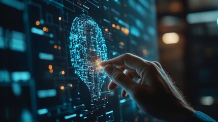 AI Artificial Intelligence. Business man using AI technology for data analysis, coding computer language with digital brain, machine learning on virtual screen, business, Generative AI