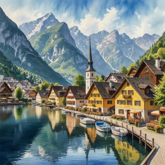 Wall Mural - Watercolor illustration of Hallstatt, capturing the charming beauty of this picturesque alpine village. 