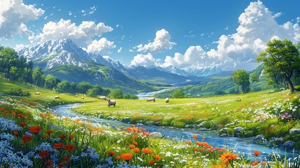 Wall Mural - Rolling hills covered in wildflowers, grazing animals like sheep and deer, and a winding river, under a bright blue sky with fluffy clouds, a serene and picturesque scene, vibrant cartoon style,